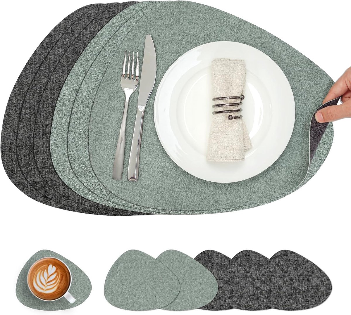 Placemats en onderzetters- dubbelzijdig rond- wasbaar- antislip placemats van kunststof- imitatieleer- hittebestendig- set van 6- grijsgroen.