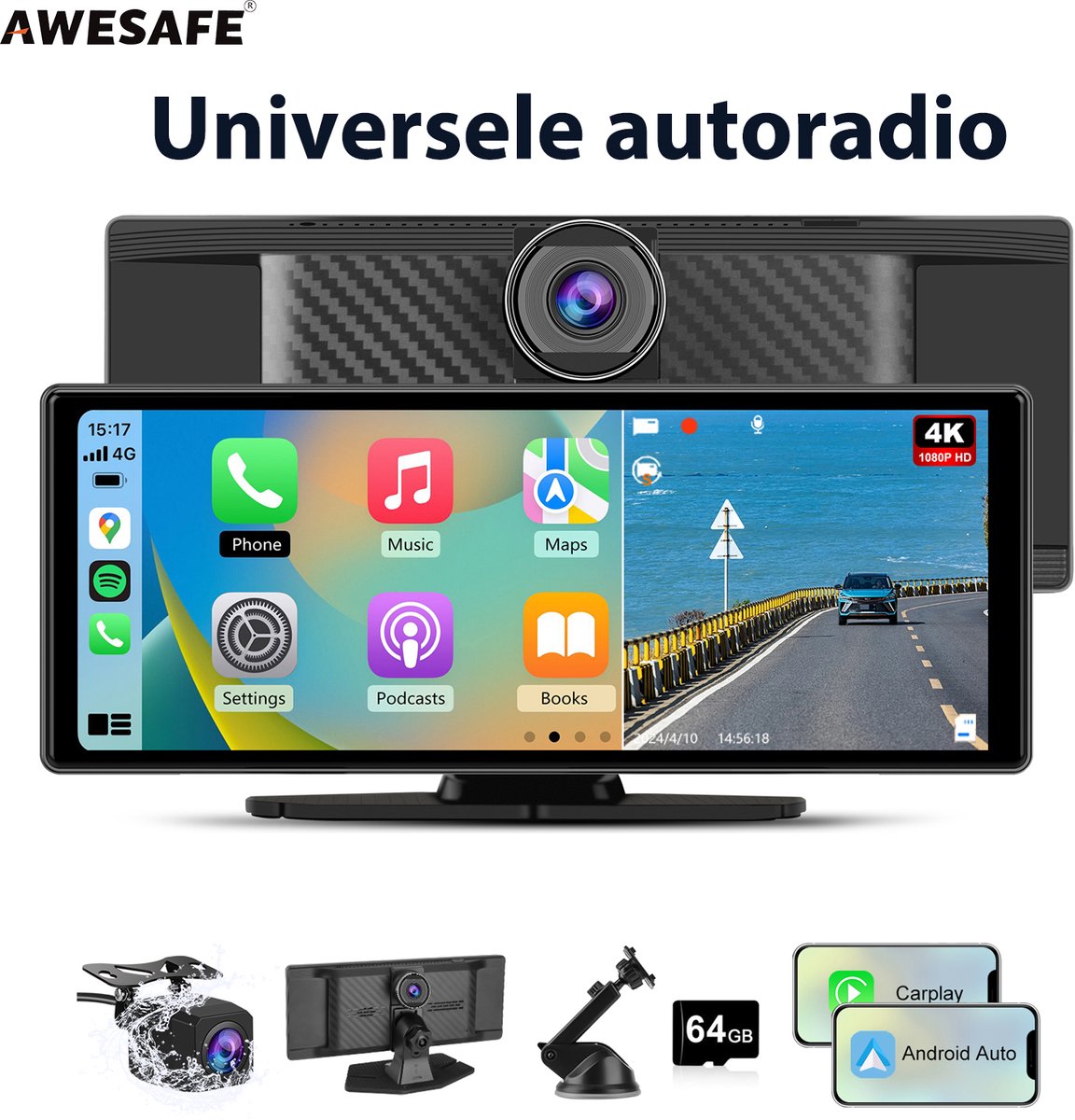 Awesafe 10.26 Inch Autoradio - Geschikt voor CarPlay Scherm - Navigatiesysteem Auto - Universeel – IPS 1600*600 Touchscreen & HD Achteruitrijcamera - USB AUX - FM Radio - Bluetooth