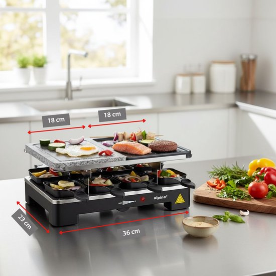 alpina Gourmetstel XL 8 Personen - Bakplaat met 8 Raclette Pannetjes en Spatels - Grillplaat met Regelbare Thermostaat - 1400W — afbeelding 4