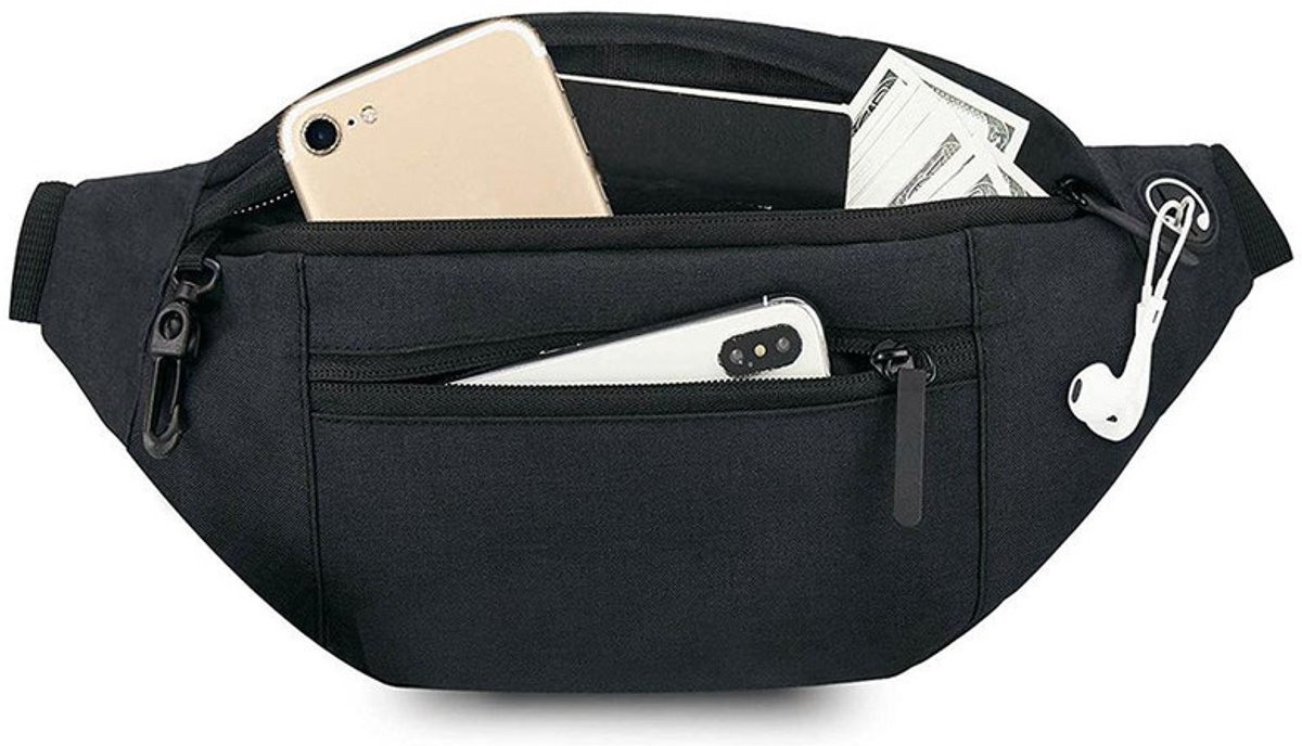 Heuptas – Heren en Dames – Buideltasje – Fanny Pack Outdoor, Wandelen, Reizen – Crossbody Telefoon en Paspoort Tasje – Zwart