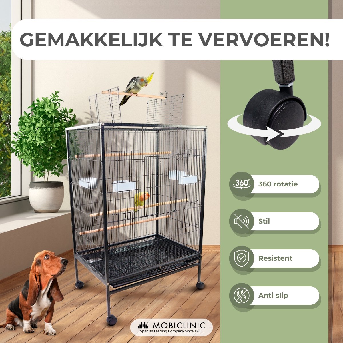 Mobiclinic Ninfa - Vogelkooi - Met zitplaats en accesories en wielen - Eet en drinkbakken - 95 x 43 x 61,5 cm - 8 poorten - Uitneembare lade - Zwart thumbnail 3