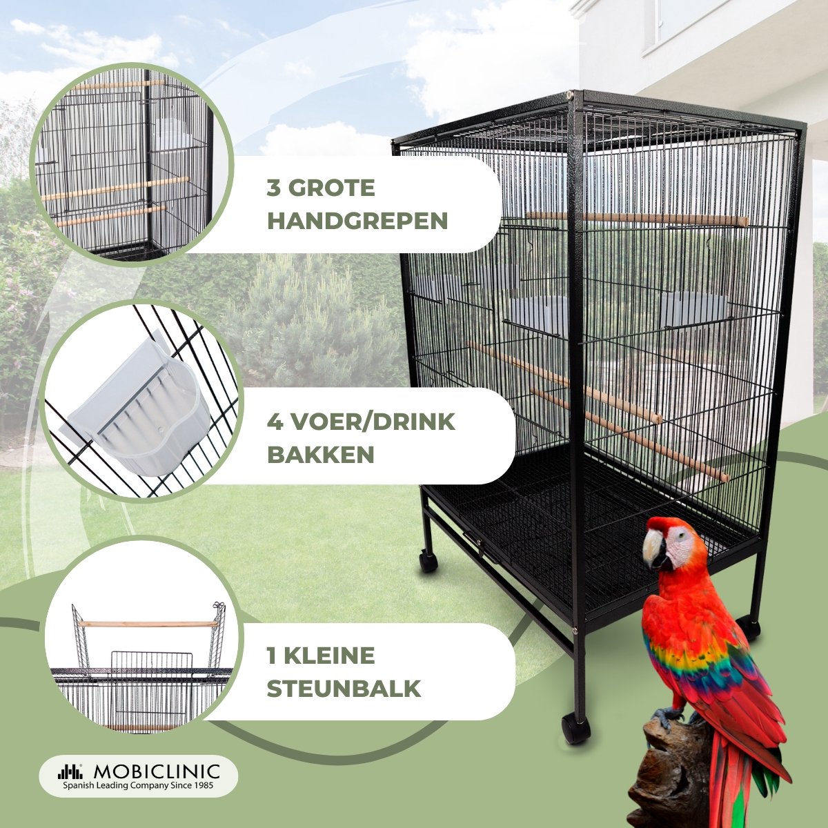 Mobiclinic Ninfa - Vogelkooi - Met zitplaats en accesories en wielen - Eet en drinkbakken - 95 x 43 x 61,5 cm - 8 poorten - Uitneembare lade - Zwart thumbnail 2