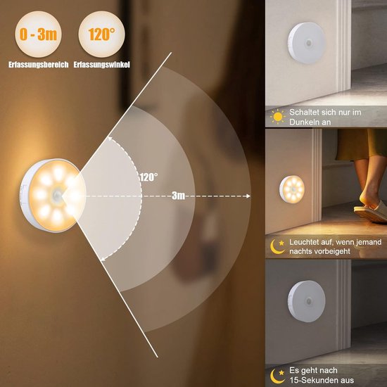 Nachtlamp Set - 8 LED Bewegingssensor Nachtverlichting - Oplaadbaar via USB en 3 Werkmodi - Automatisch Aan/Uit/Stand-by - Voor Slaapkamer, Gang en Toilet - 3000K Warm Wit Licht - 3 Stuks van Merkloos — afbeelding 2
