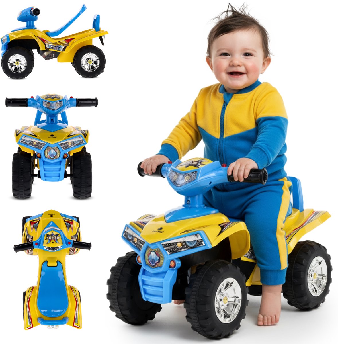 sun baby Kinderauto loopauto vanaf 1 jaar, baby quad, voertuig auto, Zwenkbare voorwielen, Claxon en motorgeluid in de stuurhendels, Opbergvak onder de zitting (Geel)