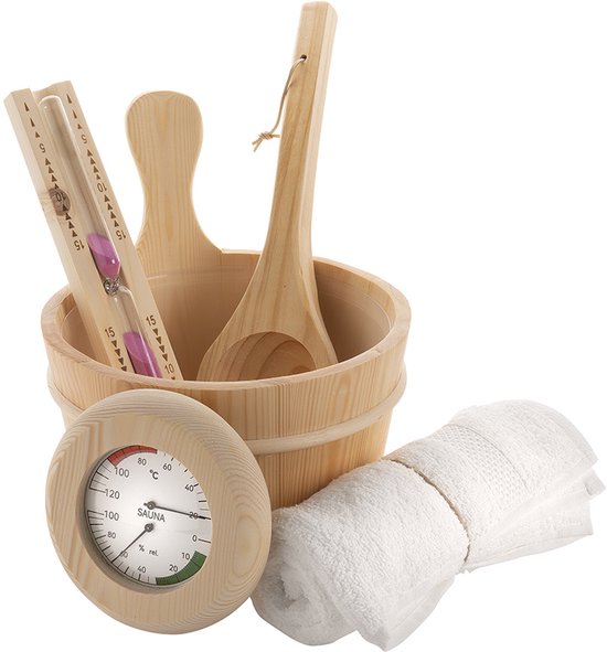 Sauna Set - Accessoires - Emmer met Lepel - Thermometer en Hygrometer - Handdoek - Zandloper - Spa Pakket - Roze zand
