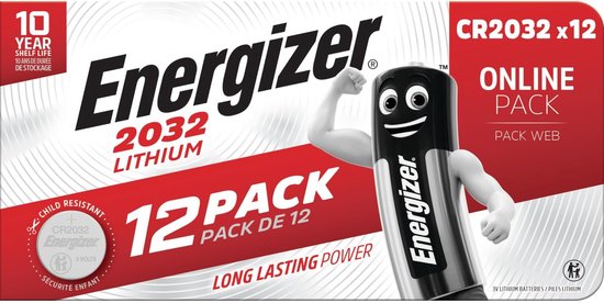 Energizer 2032 Lithium 12 Pack met cartoonbatterij met spierarm. "LONG LASTING POWER".