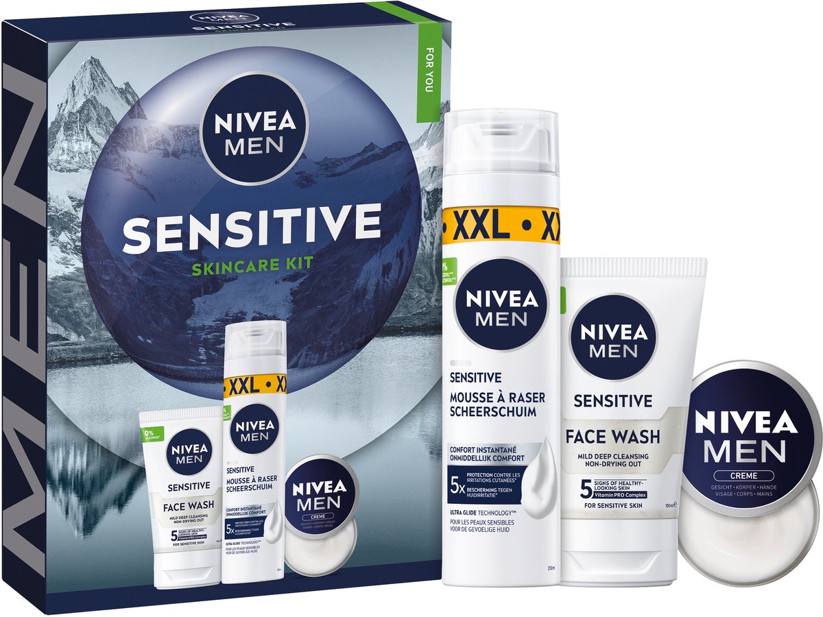 NIVEA MEN Sensitive Skincare Kit Geschenkset Mannen- Cadeauset Mannen met Scheershuim, Gezichtsreiniger & Crème - Vaderdag cadeau