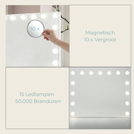 Witte spiegel met 15 LED lampen en 10x vergrootspiegel.