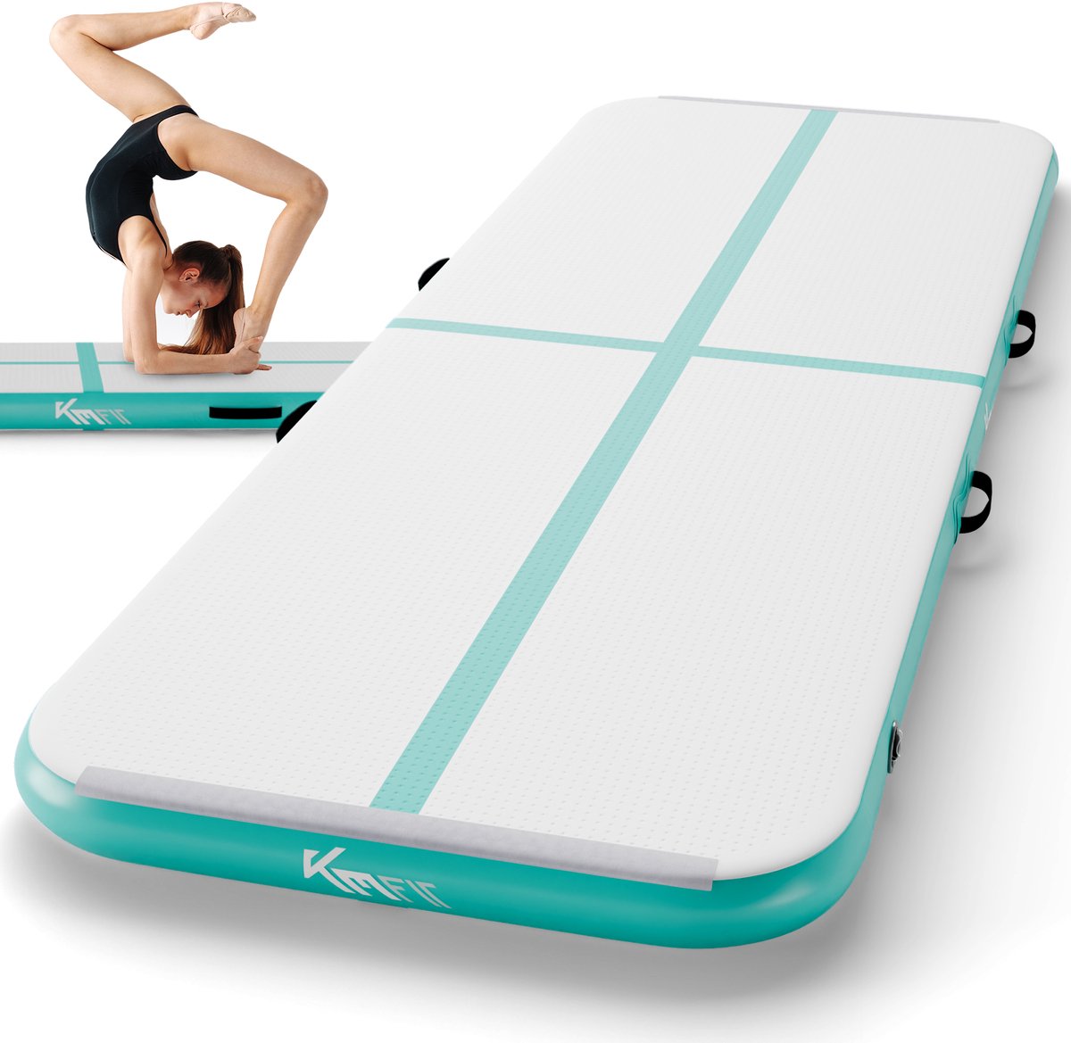 KM-Fit Airtrack - Turnmat - 4 m - Gymnastiekmat Opvouwbaar - Incl. elektrische pomp & patch kit - Mintgroen