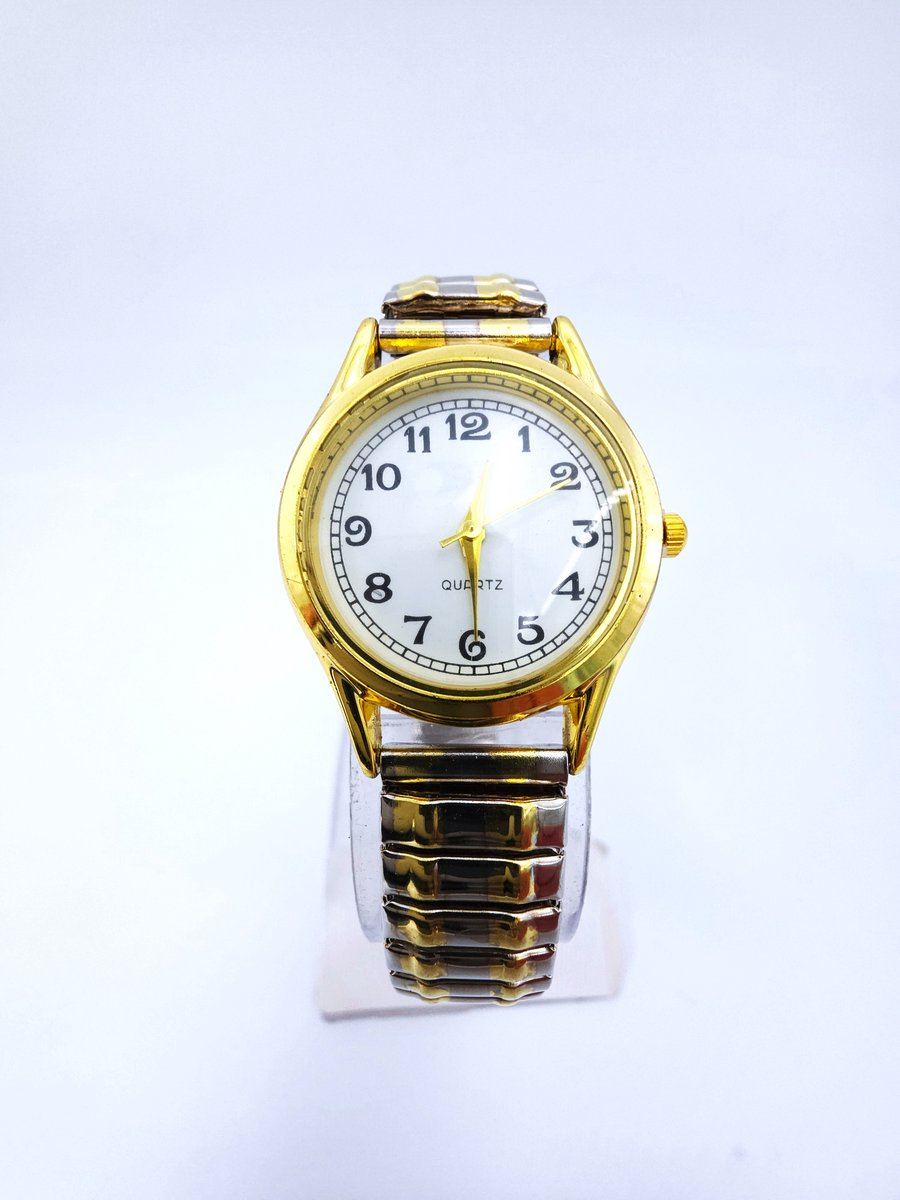 Dameshorloge - Rekband - Klassiek - Ø 30mm - L 18 cm - Goud voorkant met goud en zilverkleurig band - RVS - Witte duidelijke wijzerplaat - past bijna elke pols.