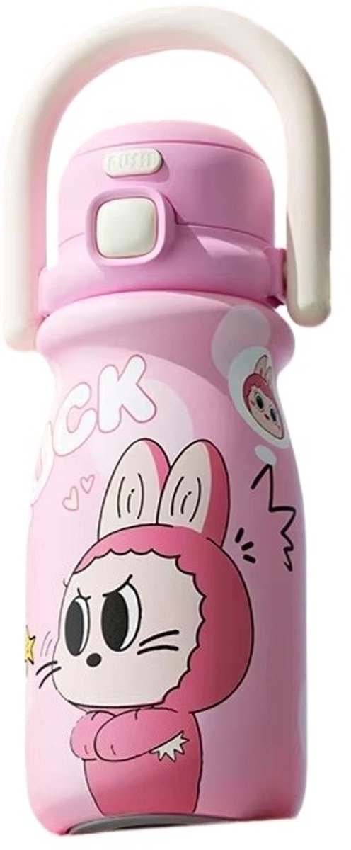 RVS Kinderen Thermosfles met Rietje 500ml - Drinkfles school - Drinkbus kind - 100% Lekvrije Waterfles - Roestvrij Staal Kinderdrinkfles - Isolerend (Warm & Koud) - BPA-vrij - Ideaal voor School, Sport & Onderweg - Roze