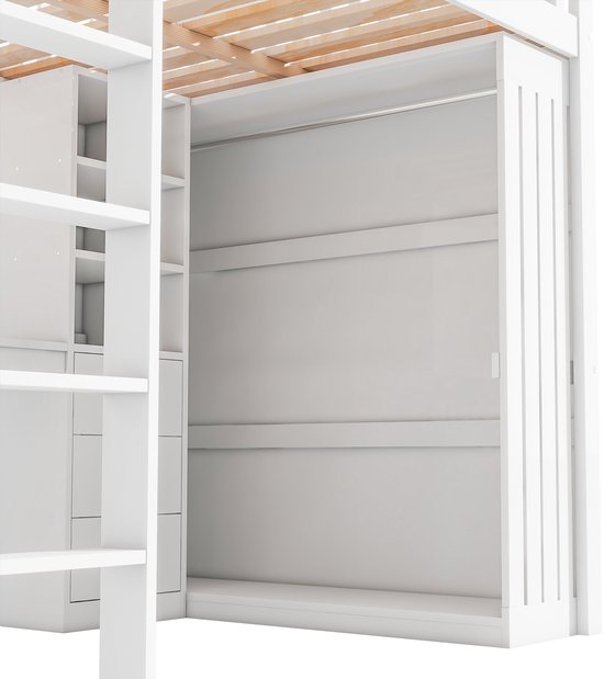 Lit mezzanine Merax 140x200 cm - avec bureau - armoire - 3 tiroirs - escalier - lit en bois avec espace de rangement - lit enfant avec bureau - Wit - sans Matras