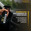 Hand houdt AUTOFRESH dashboardglans- en beschermingsspray in auto interieur. "DASHBOARD BESCHERMER EN VERZORGER".