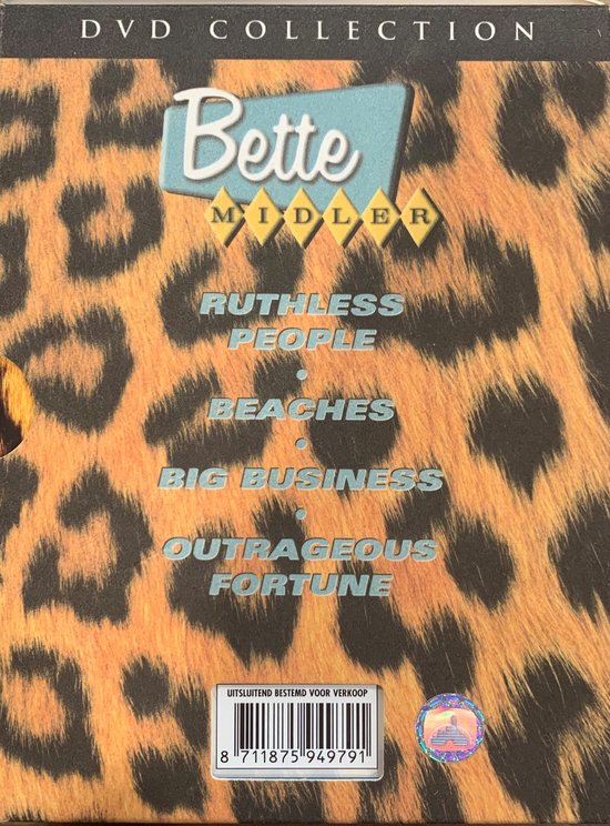 Achterkant van Bette Midler DVD-doos met luipaardprint en filmnamen: "RUTHLESS PEOPLE", "BEACHES", "BIG BUSINESS", "OUTRAGEOUS FORTUNE".