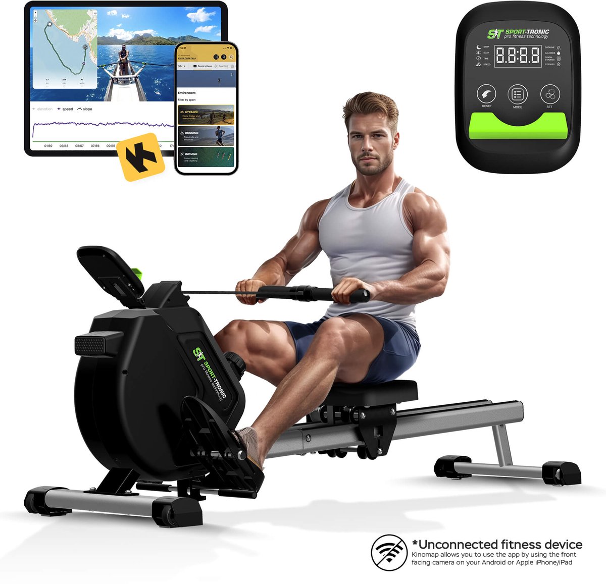 SportTronic® ST-X8 Roeitrainer – Magnetische Roeimachine Inklapbaar – Professioneel Roeiapparaat met 16 Weerstandsniveaus & Dubbele Rail