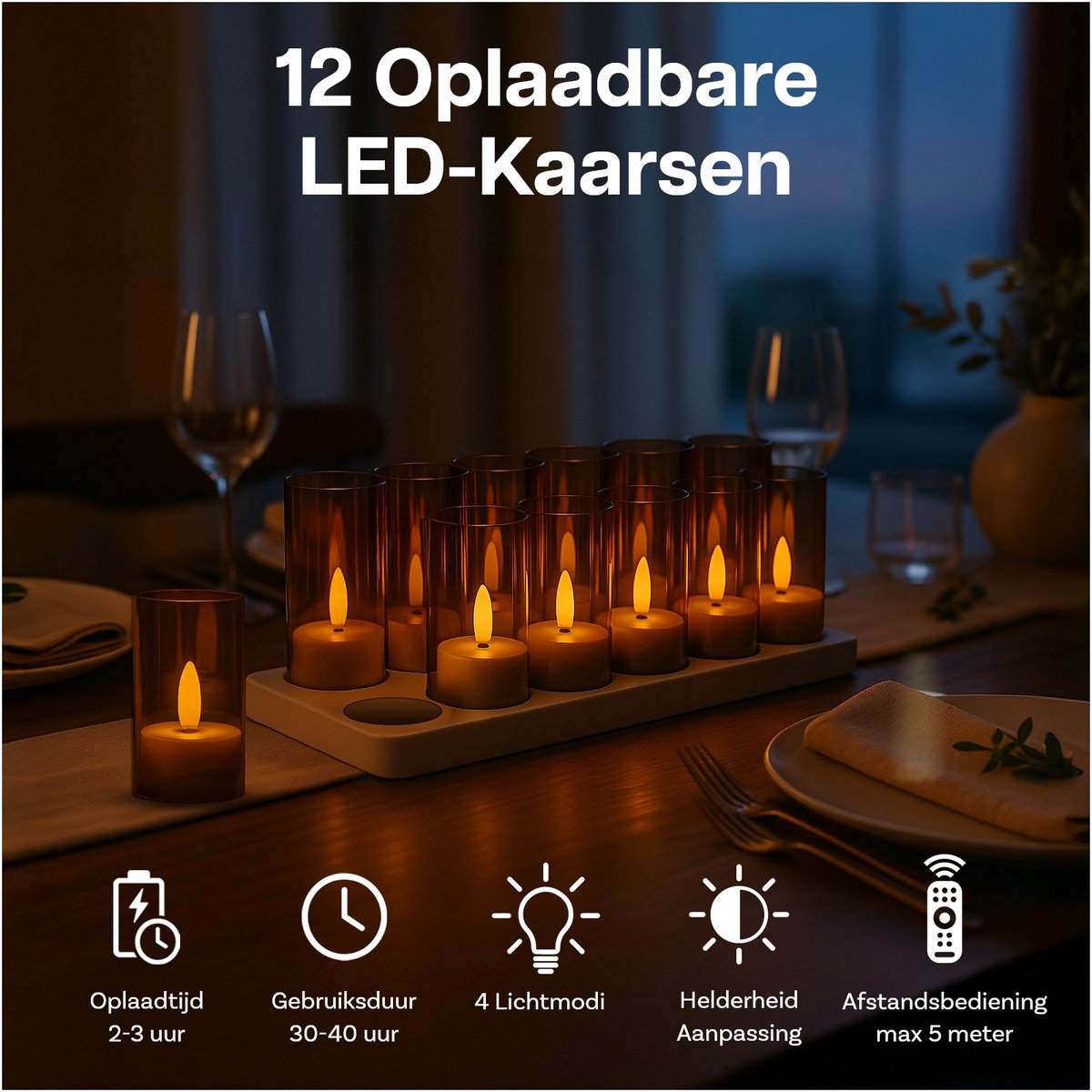 Oplaadbare Waxinelichtjes LED Kaarsen met Afstandstandsbieding, Timer & Oplaadstation van MMOBIEL - 12 Stuks Vlamloze Theelichtjes met USB voor Thuis, Tafel, Bruiloft & Kerstdecoratie – foto 5