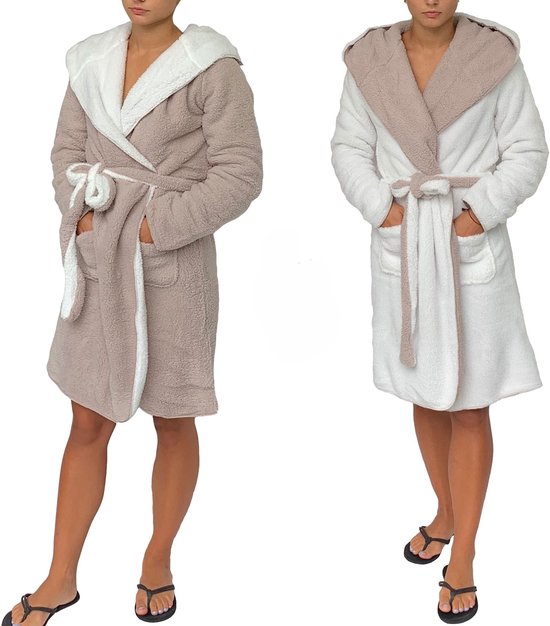 Badjas – dubbelzijdig – beige en wit – maat S/M – badjas dames – badjas heren - Cadeau - Oeko-Tex Standard 100