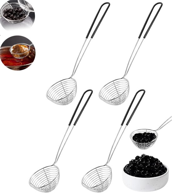 Foto: 4 stuks hotpot vergiet roestvrijstalen spinnenvergiet hotpot lepel met warmte ge soleerde handgreep parelmoer melkthee kokosvergiet ronde soeplepel met gleuf geschikt voor het koken in de keuken en het bakken van voedsel