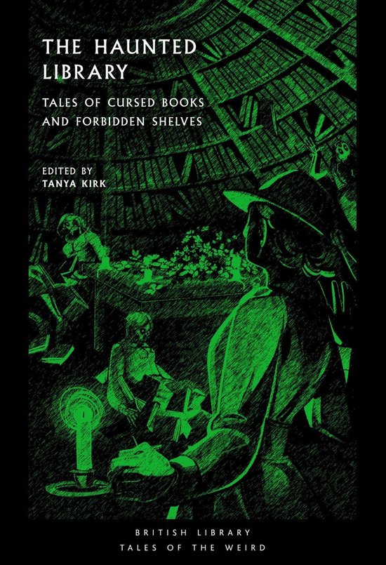 Couverture du livre 'The Haunted Library' avec un design gravé en vert d'étagères et de figures fantomatiques, texte 'The Haunted Library'.