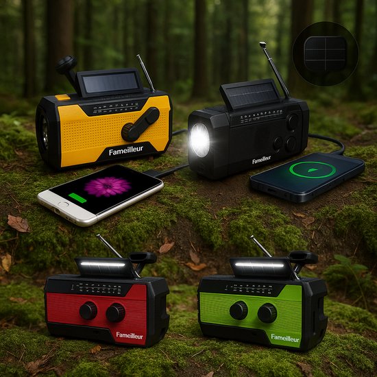 Fameilleur® Exclusive Familie Noodpakket – 4 Premium Noodradio’s (Oranje, Rood, Zwart & Groen) – Zonne-energie, Handzwengel & Powerbank – Complete Set voor Gezin of Bedrijf-Rampen, Stroomuitval & Outdoor Gebruik - werken ook op batterijen-nood pakket