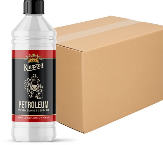 Fles Kingston petroleum met zwarte dop naast een bruine kartonnen doos.