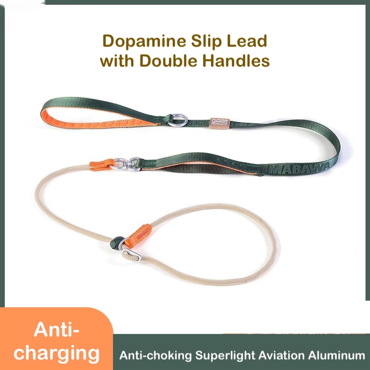 Dopamine Slip Lead with Double Handles (GreenPear) - Walk in Colour Train with Ease / Bright Colours Light Feel Better Control / Prevents Choking / Vibrant Colour Design / Superlight Aviation-Grade Aluminum Hardware