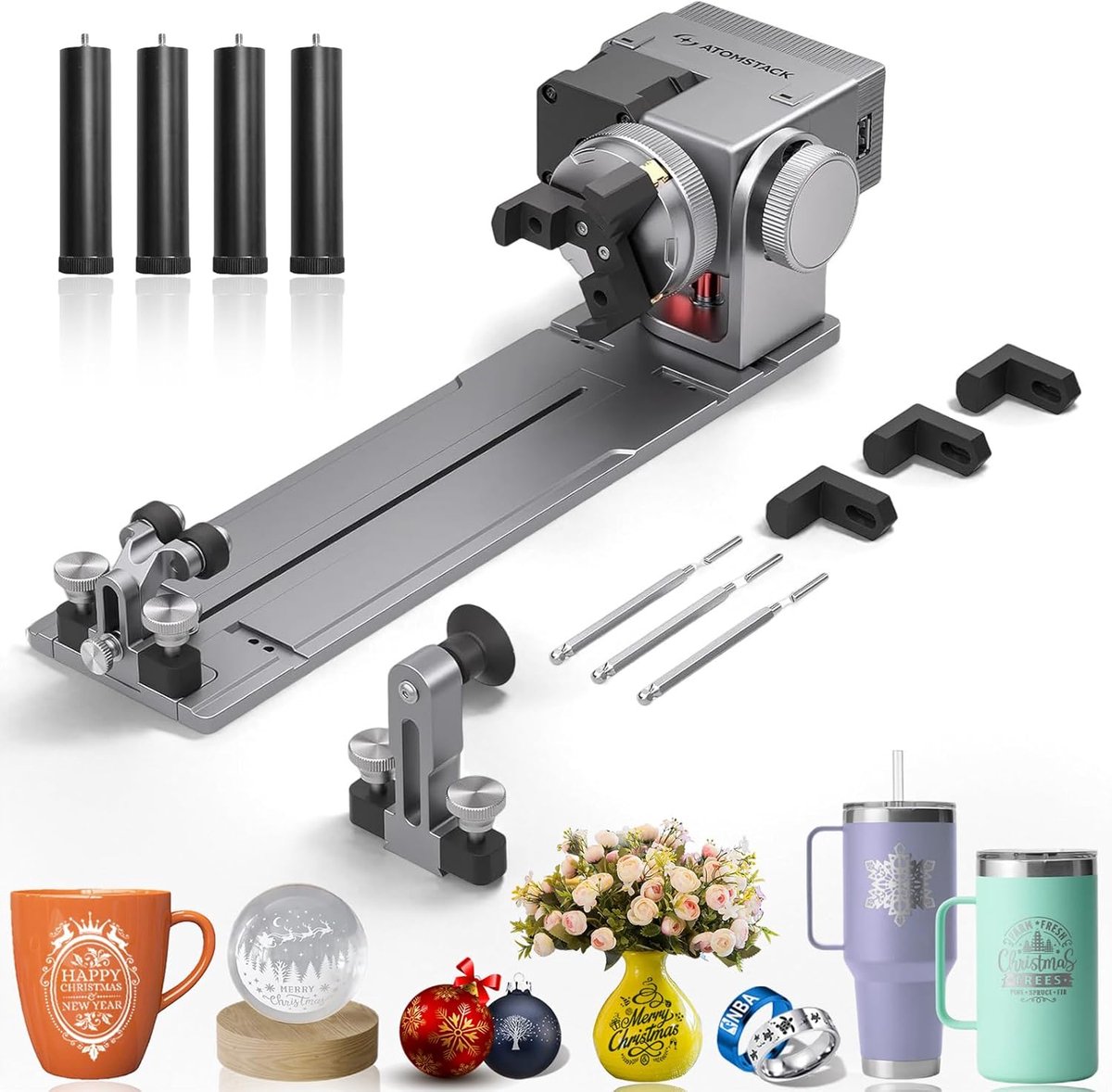ATOMSTACK R8 Rotary Chuck - Laser Rotatieroller - Accessoires voor lasergraveermachines - met 4 Hefboomvoetjes - Rotatie-as 180° Draaibaar - Laser Rotatie Roller - voor Graveren op Cilindrische Voorwerpen, Ballen, Ringen en Onregelmatige Vormen