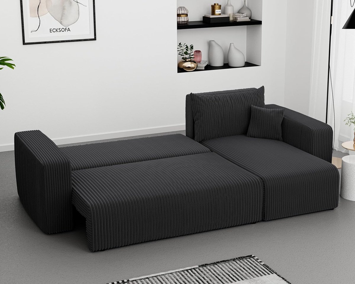 Slaapbank Hoekbank met Slaapfunctie en Opberglade – 3-Zits Hoekbank 200x125 cm – Corduroy Loungebank met Nosag Veren – Moderne Comfortabele Woonkamer Bank – Donkergrijs – Novihome