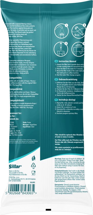 Achterkant van de verpakking van een Sillar koffiefilter met instructies en compatibiliteitsinformatie.