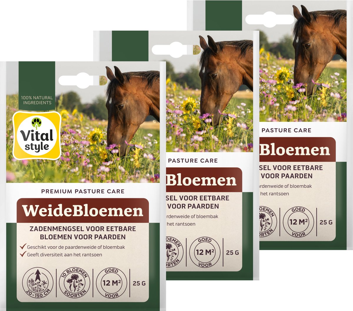 VITALstyle WeideBloemen - Bloemzaad - Zadenmengsel Met Eetbare Bloemen Voor Paarden - 36m2 - 3 x 25g