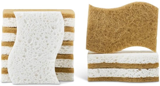 Verpakking van 15 biologisch afbreekbare natuurlijke schoonmaaksponzen - composteerbare cellulose- en kokosvezel-afwassponzen - milieuvriendelijke sponzen.
