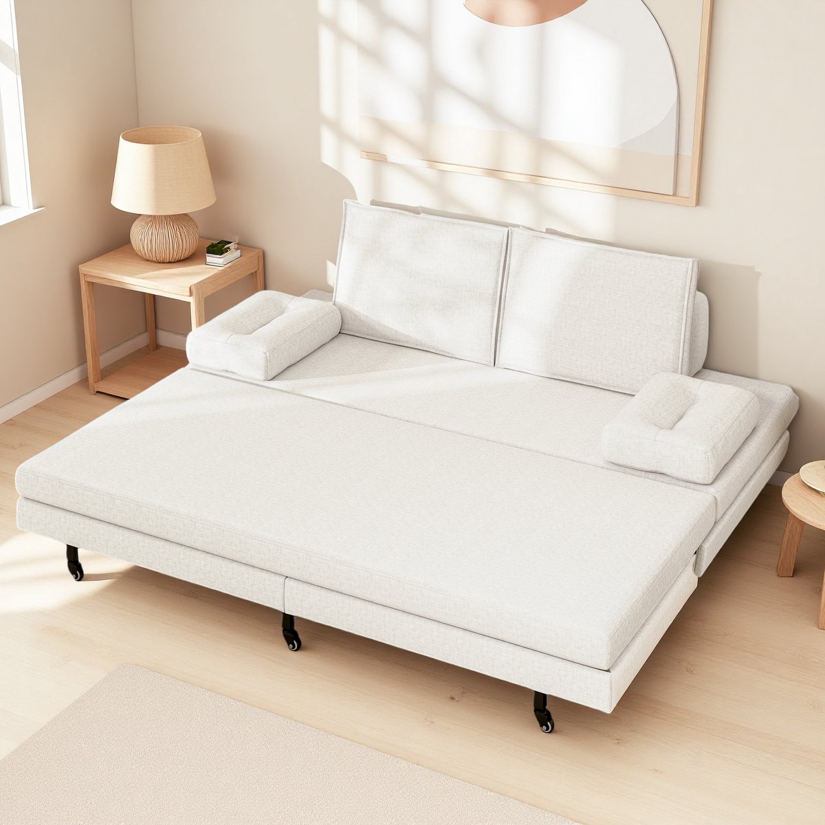 Multifunctionele slaapbank, slaapbank 90/180x200cm, uitschuifbaar bed, slaapbank, uitschuifbaar bed met spons, slaapbank voor slaapkamer en woonkamer, beige linnen