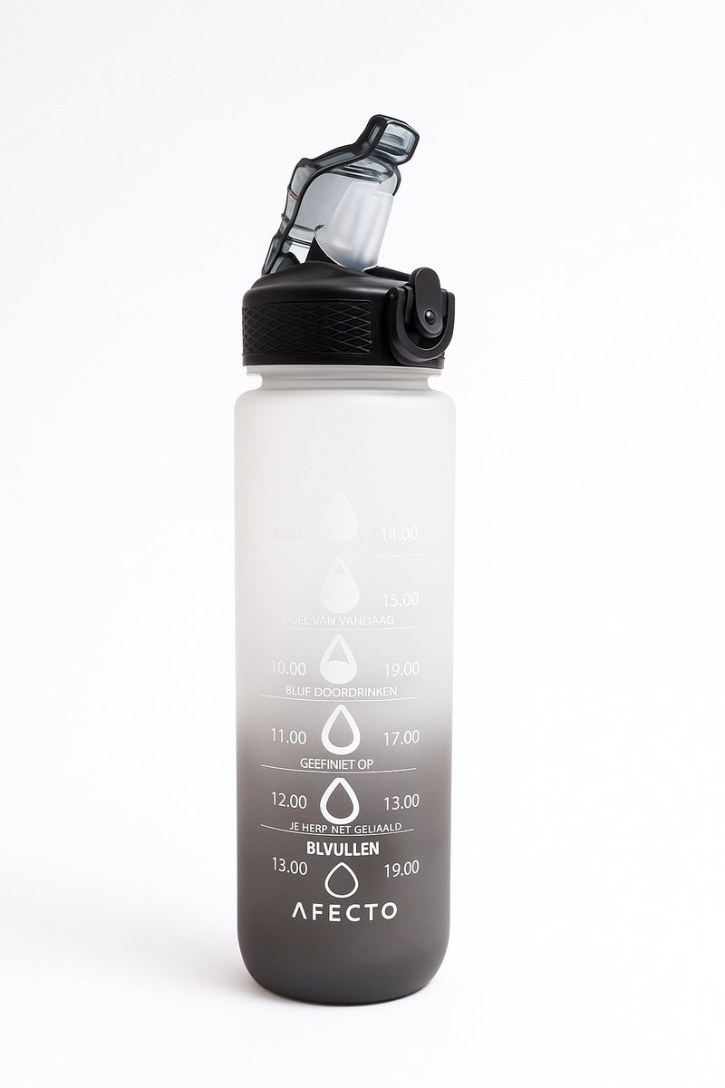 Afecto motivatie drinkfles - Waterfles - kleur: zwart/ grijs - tekst in het Nederlands
