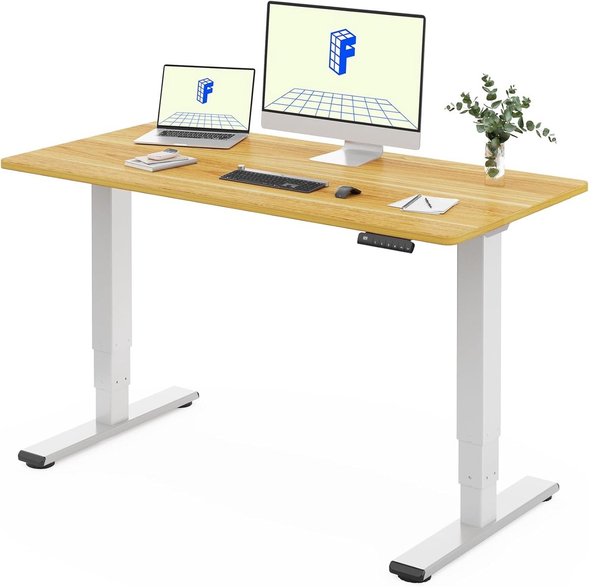 Elektrisch Bureau – Novihome ProLift EC5 Lite – In Hoogte Verstelbaar Zit-Sta Bureau 140x80 cm – Dubbele Motor – 4 Geheugenstanden – 60-125 cm – 25 mm Blad – 100 kg Draagkracht – Ergonomisch Sta Zit Bureau – Wit + Esdoorn