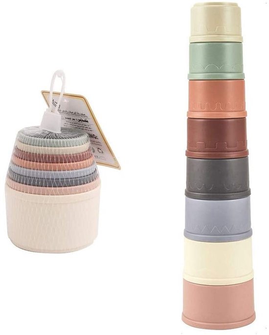 JeiibrZui Stapelbekers - Badspeelgoed - Kleurrijke Nesteer- En Stapelbare Kommen Met Dierenranden, Cijfers En Gaten Voor Fijne Motoriek En Leren Van Kleuren - 8-Delig - Voor Peuters Vanaf 8 Maanden In