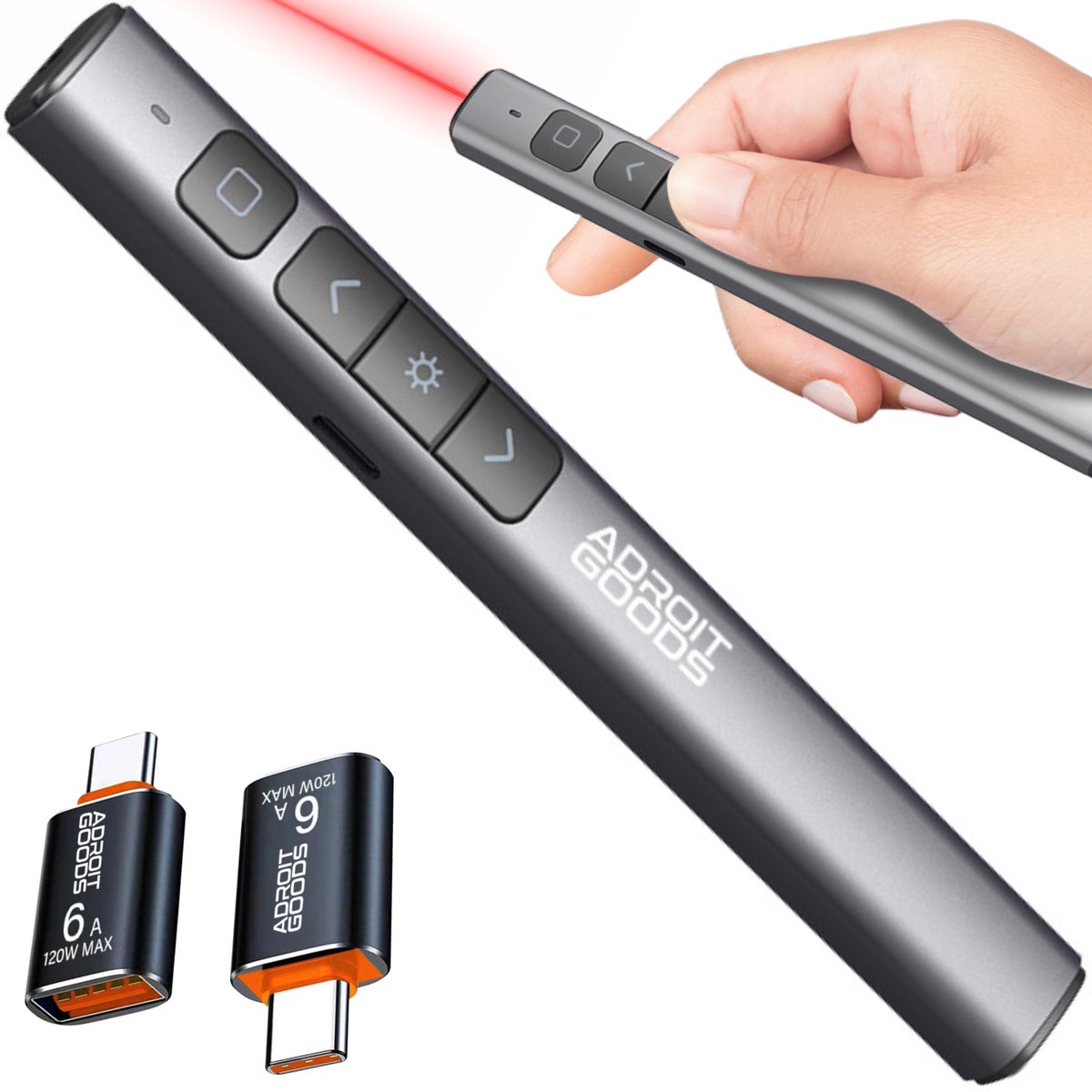 AdroitGoods hoogwaardige Draadloze Dia Presenter - Met Laserpointer -Aluminiumlegeringbehuizing - 2.4GHz- bereik tot 30 meter - Opladen via USB-C