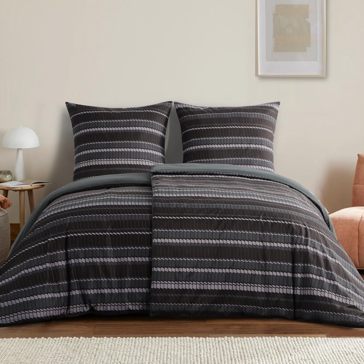 Unyqoos Comfortabele en ademende beddengoedset met strepenpatroon en ritssluiting Geometrisch donker