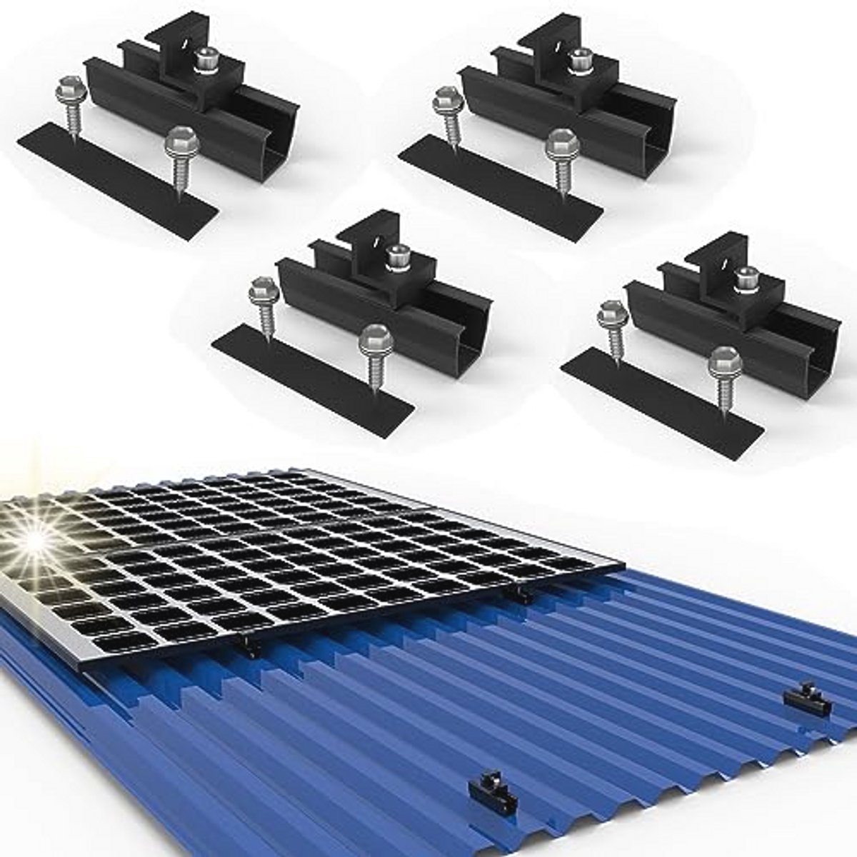 Zonnepaneelhouder voor 2 zonnepanelen met verstelbare klemmen en bevestigingsrail