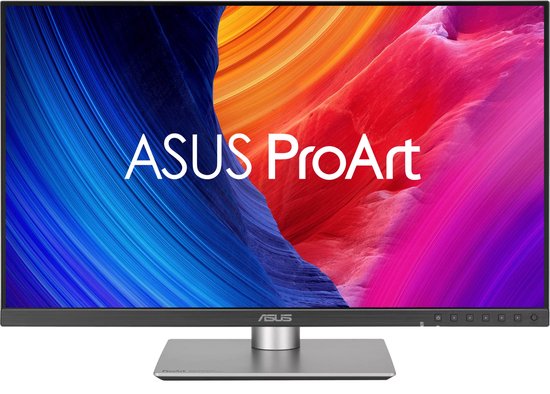 ASUS ProArt monitor met een gebogen abstracte achtergrond met kleuren zoals blauw, rood, roze en oranje.
