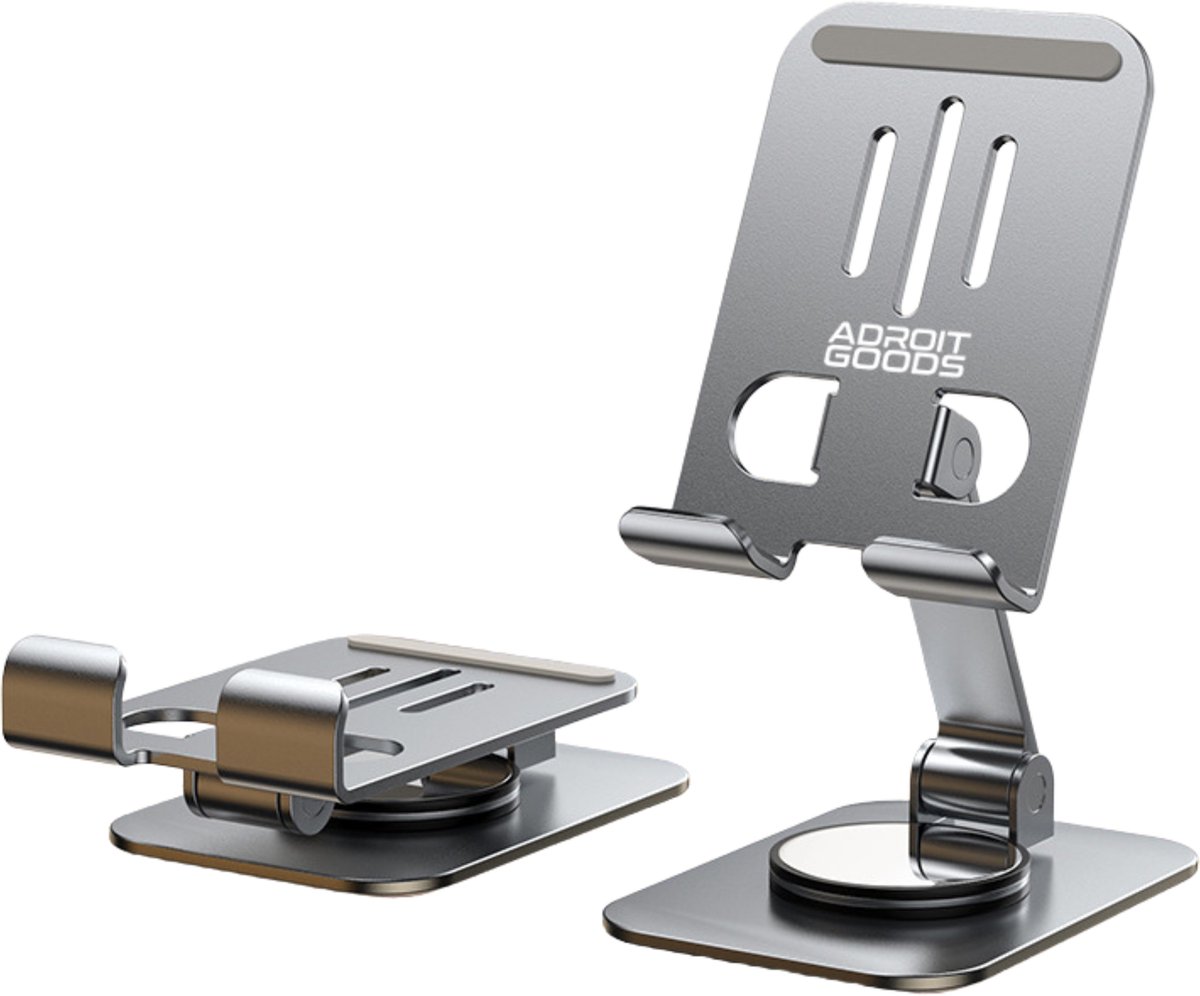 AdroitGoods Telefoonhouder Bureau Telefoonstandaard Aluminium Telefoon Standaard - Telefoon/Tablet Houder - 360° Draaibaar - Verstelbaar, Stabiel & Premium Design - Donker grijs