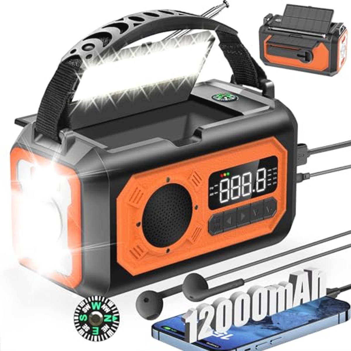 Multifunctionele Noodradio met 12000mAh Accu en Zonne-oplader - AM/FM, Zaklamp, SOS Alarm, Telefoonoplader