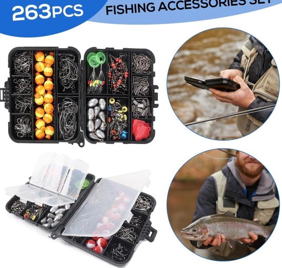 Deze set met 264 accessoires Geschikt voor het vissen bevat tangen, haken, loodjes en andere accessoires; een geschenkset met zoetwaterbaarsvisaas en uitrusting voor heren. van Merkloos — afbeelding 5