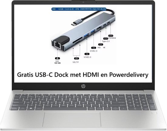HP 15,6" - IPS FHD - Intel Ultra 5 120U - 16GB RAM - 512GB SSD M.2 - Windows 11 Pro - Gratis USB-C dock - 2 jaar garantie