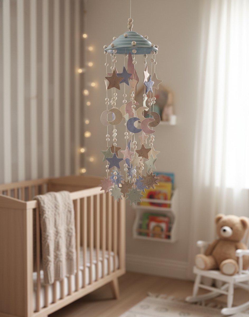 Ceramic Celestial Dream Mobile – handgemaakt keramieken hemel-mobiel – sterren, manen & zon – rustgevende babykamer / boho wanddecoratie