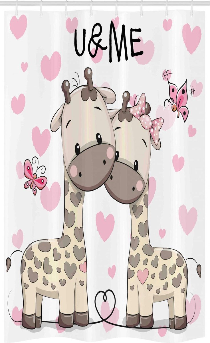 ABAKUHAUS Douchgordijn – Baby Giraffen en Harten – 120x180 cm – Wit, Grijs en Roze