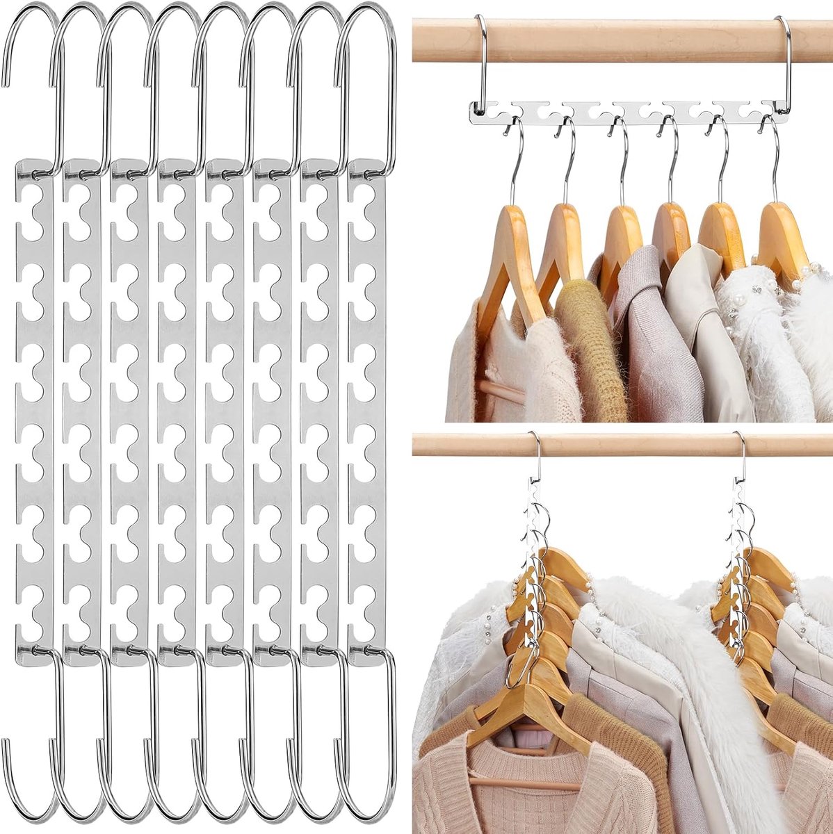 Famanu - Set van 8 metalen kledinghangers met ruimtebesparend ontwerp – Chroom