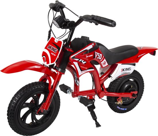 Zijwaarts aanzicht van een rode kinder-crossmotor met zwarte velgen en 'JKING NEW' logo, op witte achtergrond.