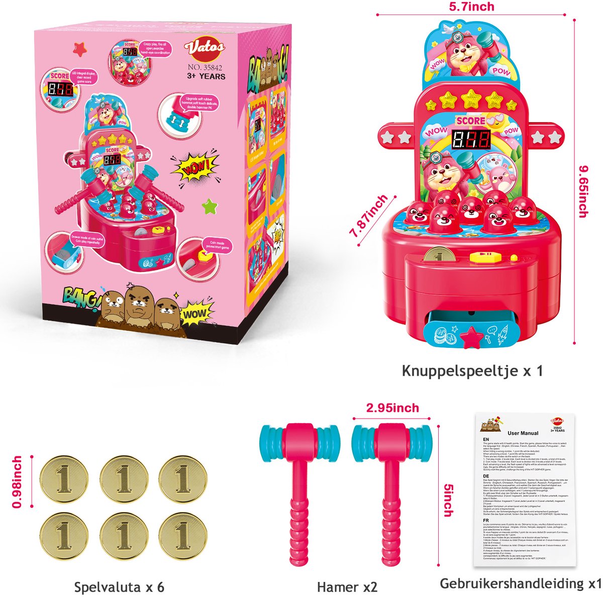 VATOS Roze Whack a Mole Hamerspel - Mini Elektronisch Arcadespel - 2 Zachte Hamer Mol - Educatief Speelgoed Voor Peuters 3-8 Jaar