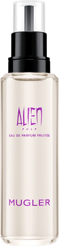 Cilindrische glazen navulflacon Alien Pulp 100ml met zwarte dop en paarse tekst Eau de Parfum Fruitée.