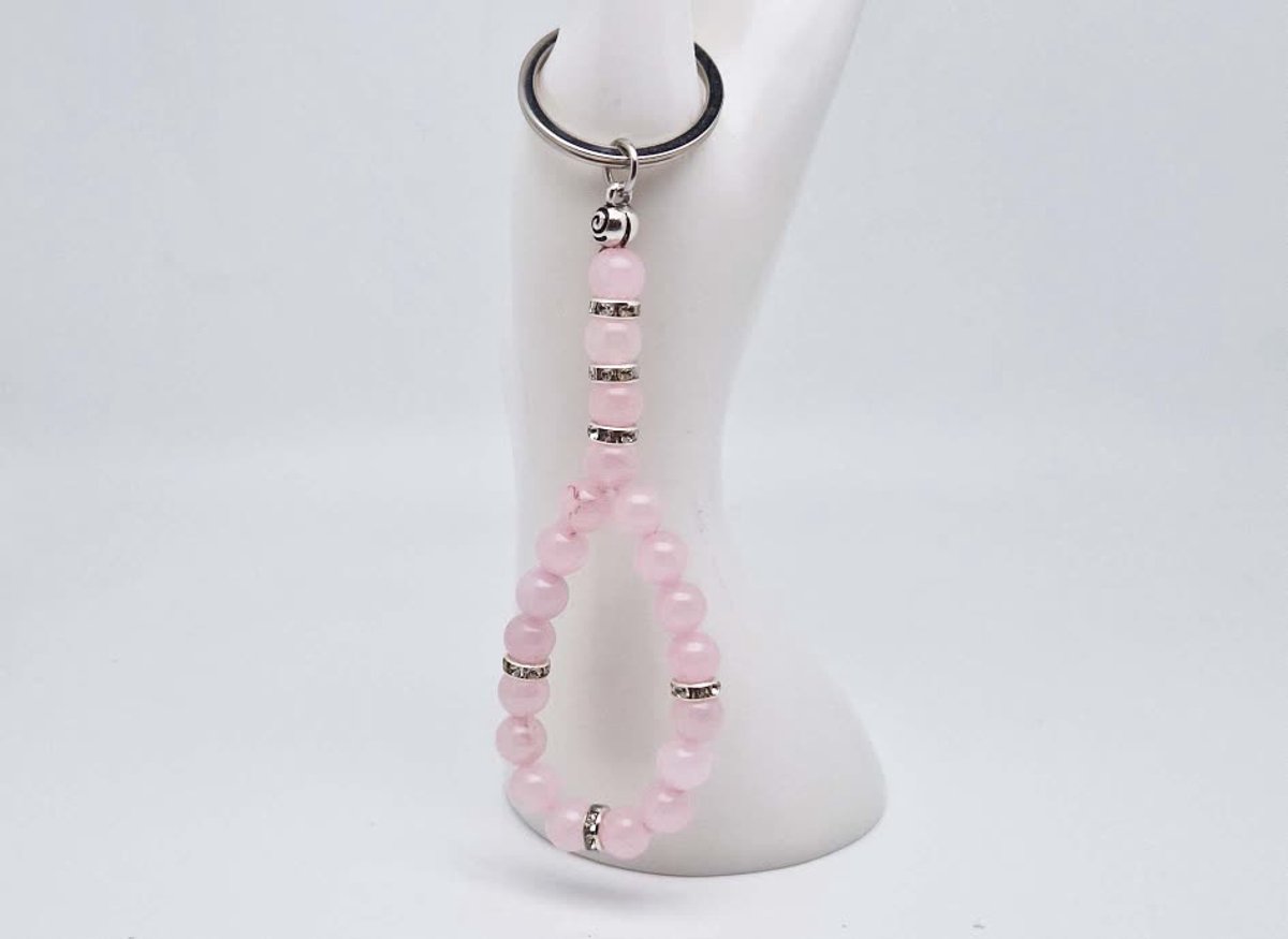 Handgemaakte Tasbih sleutelhanger van natuursteen "Roze Kwartz" en metaal - diameter kralen 8mm - Aantal stenen 20 - Een mooi cadeau-idee en een bijzonder aandenken